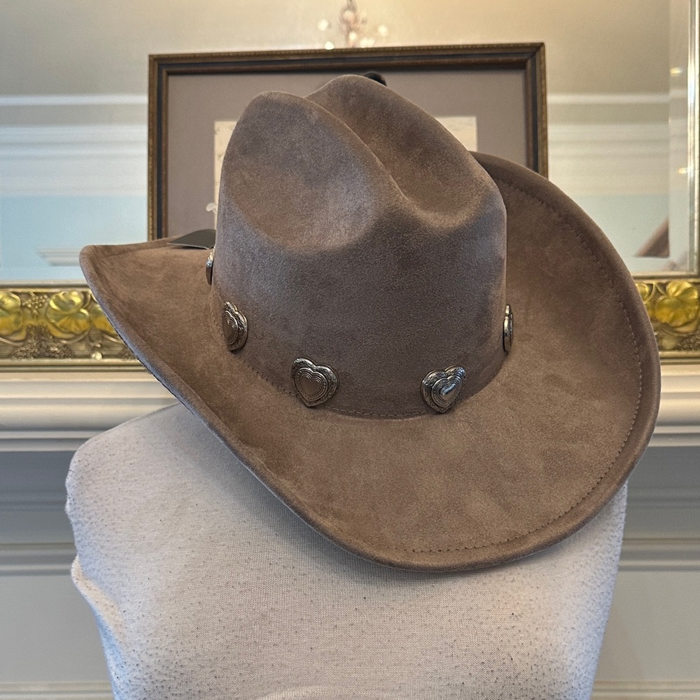 Brown Suede Cowboy Hat with Silver Heart Accents